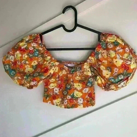 Zara Multicolored Orange Floral Print Puff Sleeves Flounce Top Size  S - Picture 3 of 7